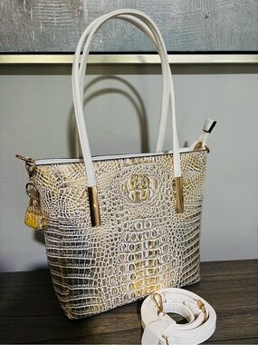 White & Gold Croc-Embossed Tote Bag with Detachable Strap